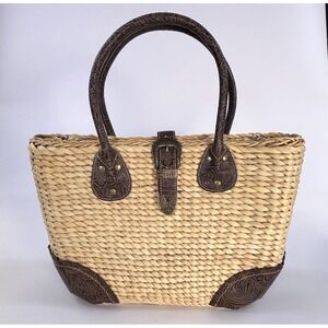 SCALA Western Woven Straw Tote Bag w/ Tool-Embossed Leather Trim & Floral Lining